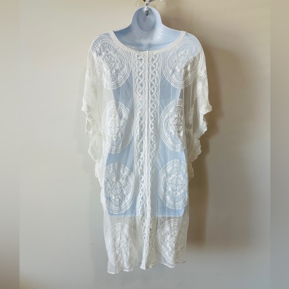 V-Neck White Lace & Sheer Pullover Beach /Pool Coverup Dress Size M - Picture 4 of 6